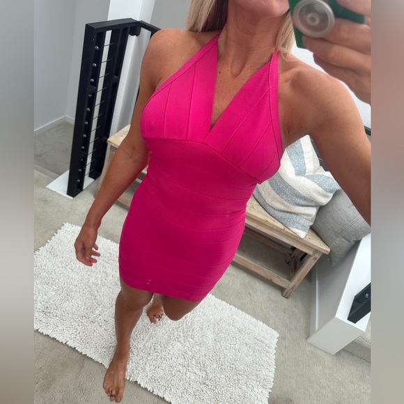 Herve Leger hot pink halter bandage mini dress formal cocktail designer luxury M - Picture 4 of 12